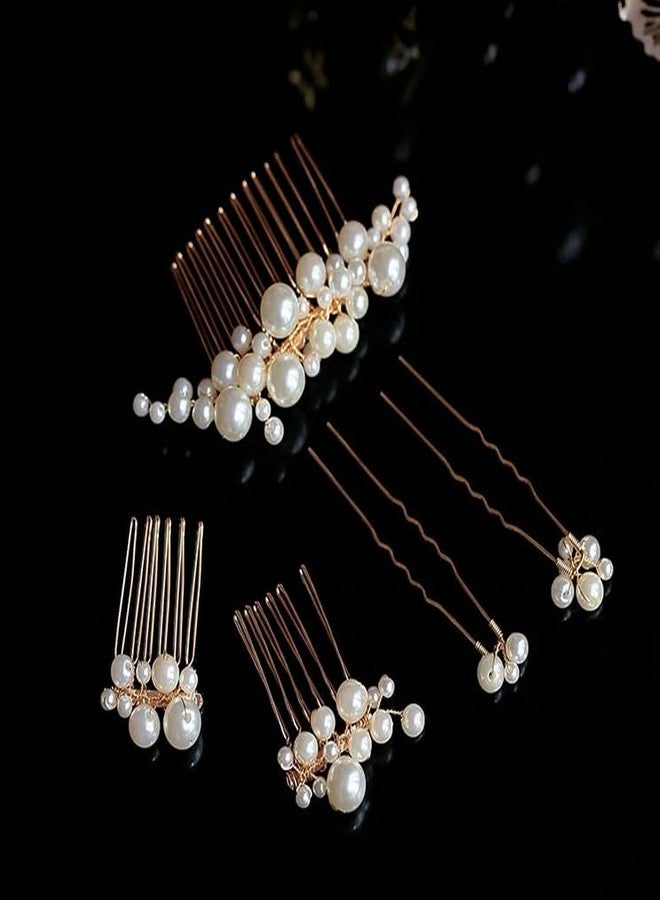 كويبي 5 قطع من دبابيس الشعر اللؤلؤية، أمشاط جانبية للشعر على شكل حرف U، مجموعة أمشاط شعر، إكسسوارات شعر للنساء والفتيات والعرائس ووصيفات الشرف (ذهبي) - Image 4